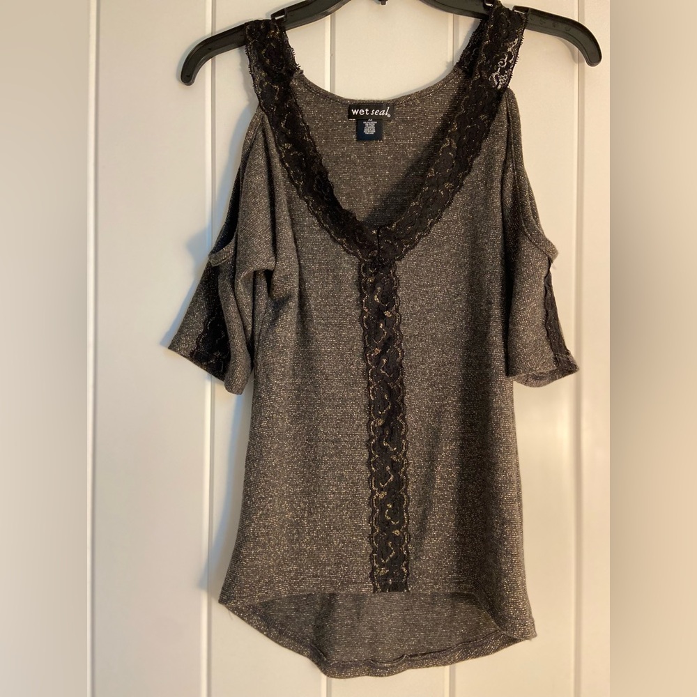 wet seal XS Top black lace trim cut out metallic knit dressy shirt cut out arms
